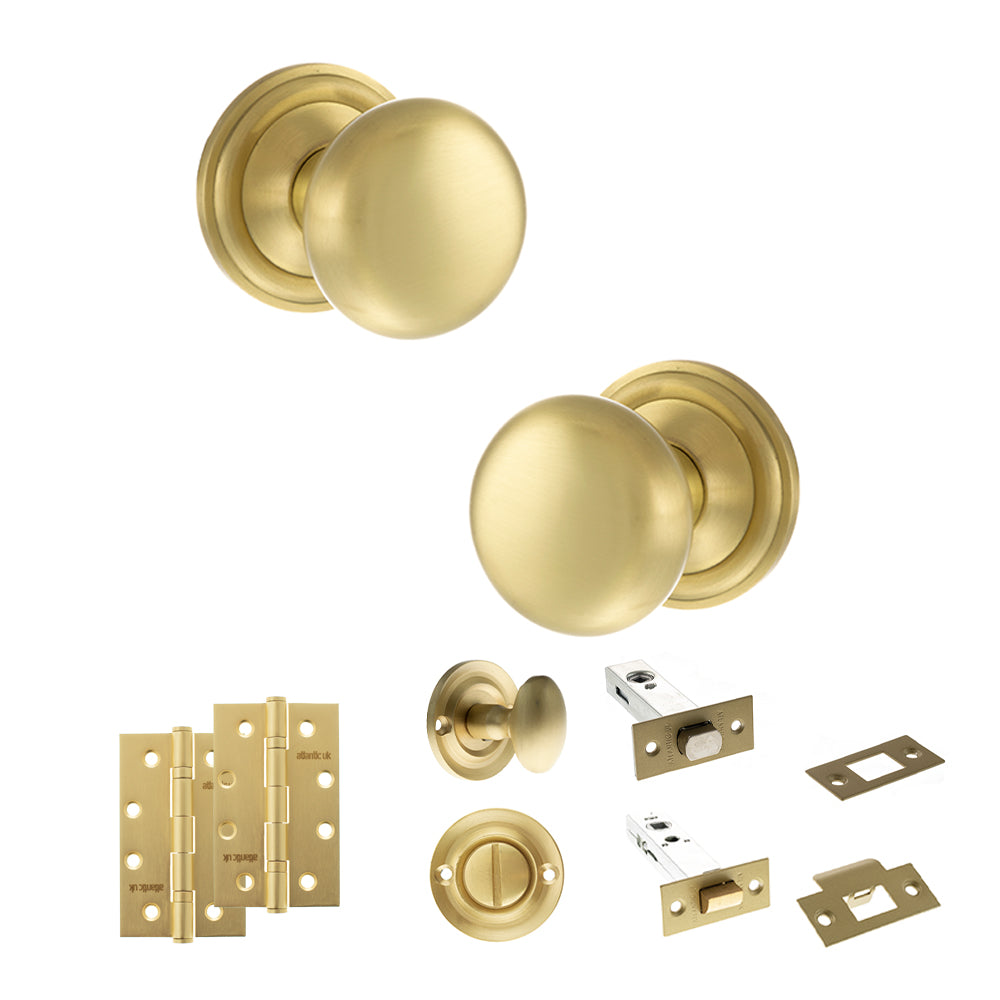 Old English Harrogate Door Knob Pack (Bathroom Set - 3" Deadbolt, 4" Slim Knuckle Hinges x2) - Satin Brass