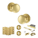 Old English Harrogate Door Knob Pack (Lock Set - 3" Latch & Deadlock, 3" Fire Rated Hinges x3) - Satin Brass