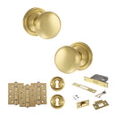 Old English Harrogate Door Knob Pack (Lock Set - 3" Latch & Deadlock, 4" Fire Rated Hinges x3) - Satin Brass