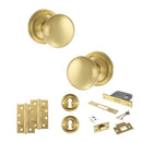 Old English Harrogate Door Knob Pack (Lock Set - 3" Latch & Deadlock, 4" Slim Knuckle Hinges x2) - Satin Brass