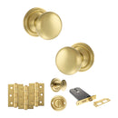 Old English Harrogate Door Knob Pack (Lock Set - Horizontal Bathlock, 3" Fire Rated Hinges x3) - Satin Brass