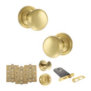 Old English Harrogate Door Knob Pack (Lock Set - Horizontal Bathlock, 4" Fire Rated Hinges x3) - Satin Brass