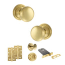 Old English Harrogate Door Knob Pack (Lock Set - Horizontal Bathlock, 4" Slim Knuckle Hinges x2) - Satin Brass