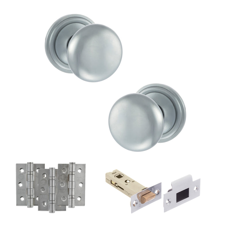 Old English Harrogate Door Knob Pack (Latch Set - 3" HD Latch, 3" Fire Rated Hinges x3) - Satin Chrome