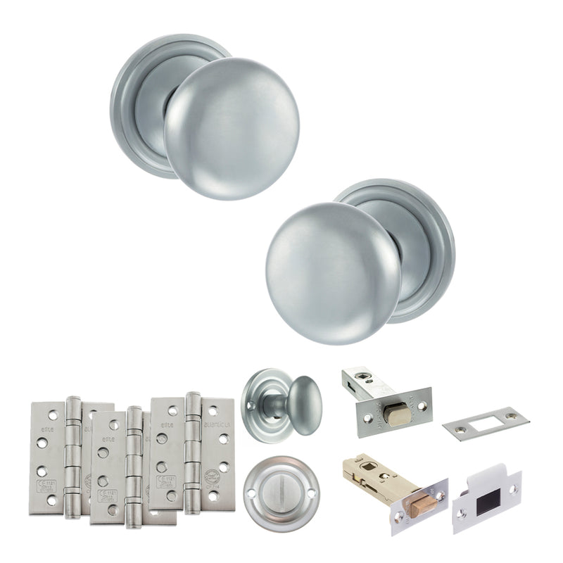 Old English Harrogate Door Knob Pack (Bathroom Set - 4" Deadbolt, 4" Fire Rated Hinges x3) - Satin Chrome