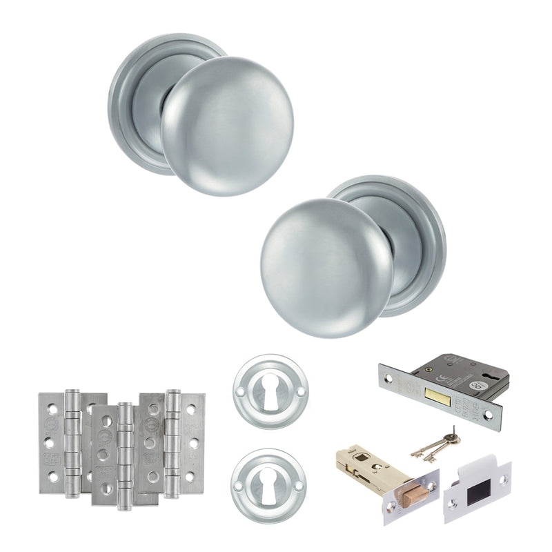 Old English Harrogate Door Knob Pack (Lock Set - 3" Latch & Deadlock, 3" Fire Rated Hinges x3) - Satin Chrome