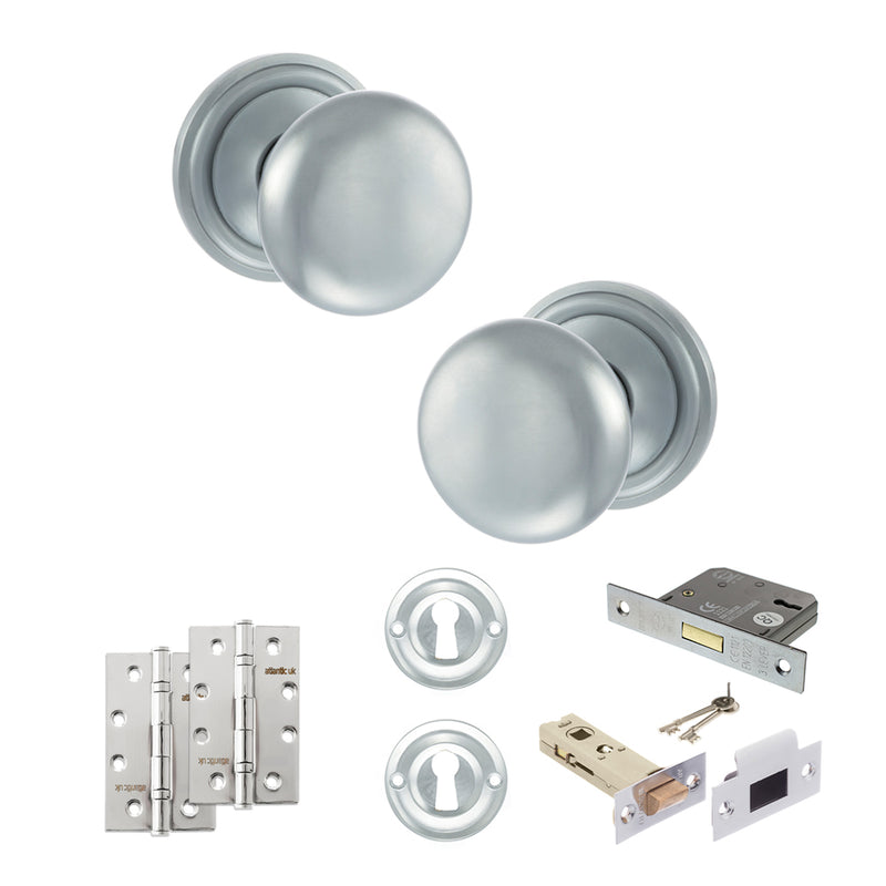 Old English Harrogate Door Knob Pack (Lock Set - 3" Latch & Deadlock, 4" Slim Knuckle Hinges x2) - Satin Chrome