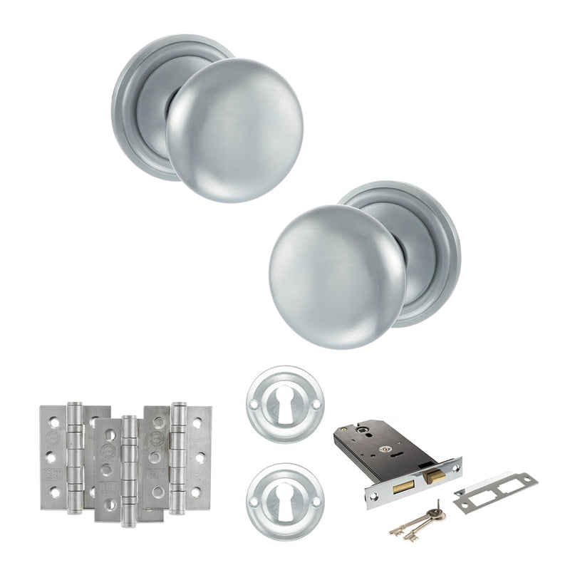 Old English Harrogate Door Knob Pack (Lock Set - Horizontal Sashlock, 3" Fire Rated Hinges x3) - Satin Chrome