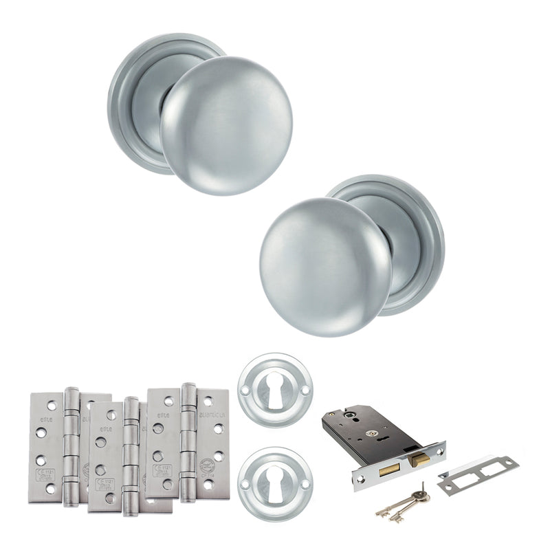 Old English Harrogate Door Knob Pack (Lock Set - Horizontal Sashlock, 4" Fire Rated Hinges x3) - Satin Chrome
