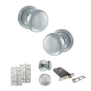 Old English Harrogate Door Knob Pack (Lock Set - Horizontal Bathlock, 4" Slim Knuckle Hinges x2) - Satin Chrome