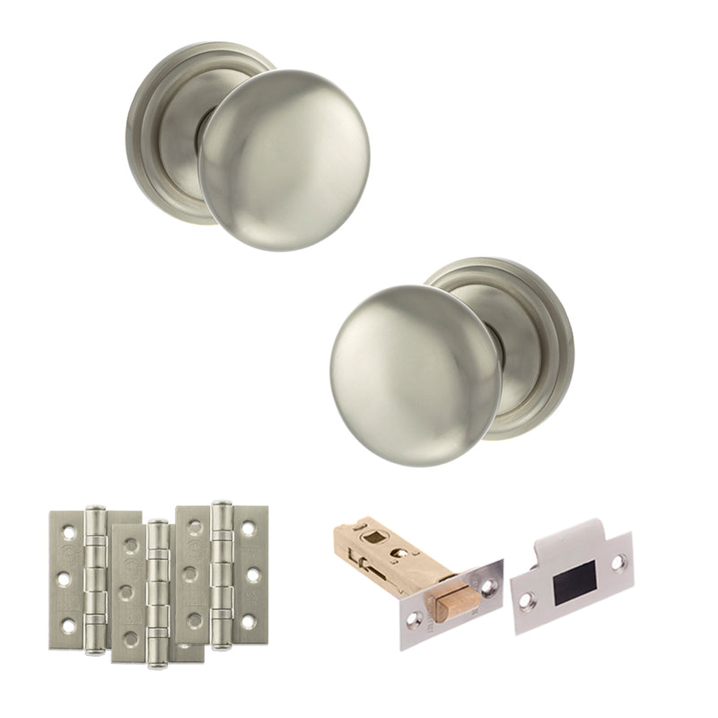 Old English Harrogate Door Knob Pack (Latch Set - 3" HD Latch, 3" Fire Rated Hinges x3) - Satin Nickel