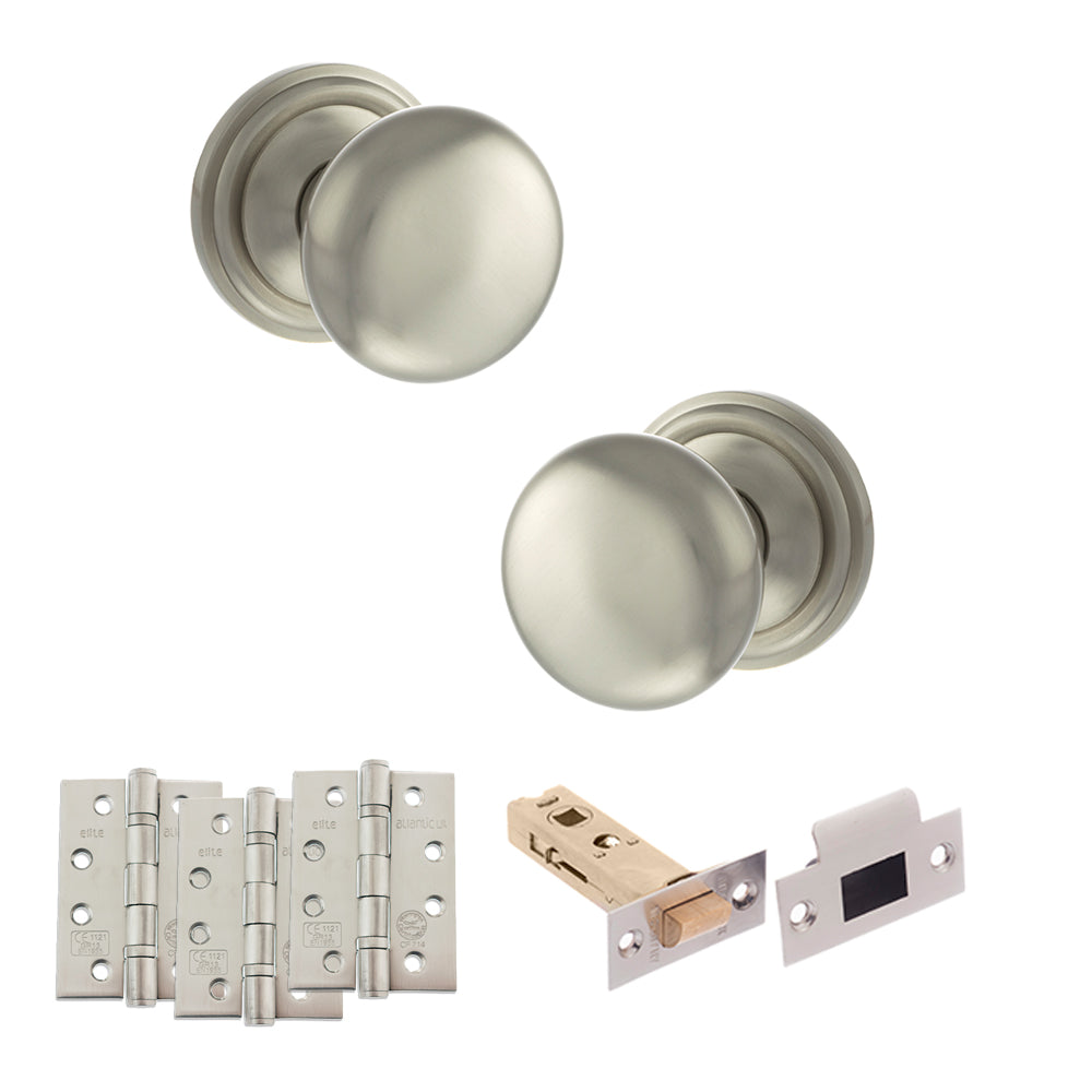 Old English Harrogate Door Knob Pack (Latch Set - 3" HD Latch, 4" Fire Rated Hinges x3) - Satin Nickel
