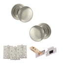 Old English Harrogate Door Knob Pack (Latch Set - 4" HD Latch, 4" Fire Rated Hinges x3) - Satin Nickel