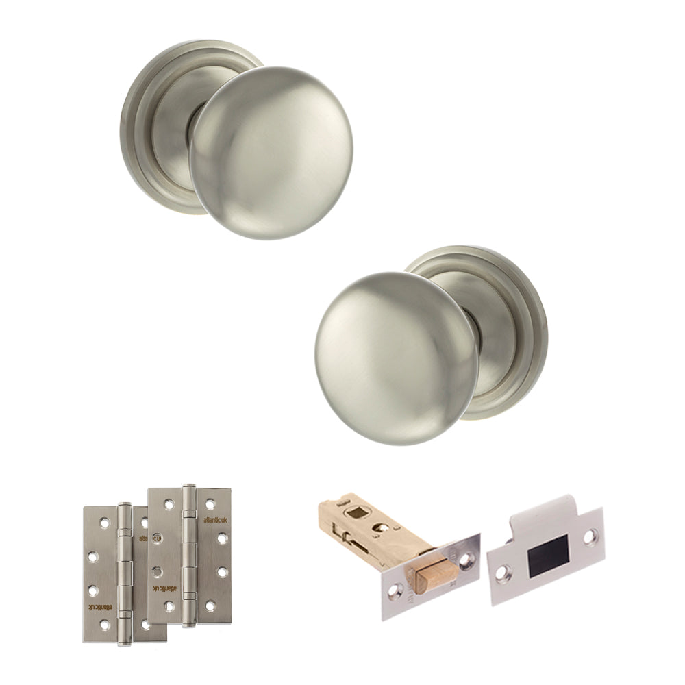 Old English Harrogate Door Knob Pack (Latch Set - 3" HD Latch, 4" Slim Knuckle Hinges x2) - Satin Nickel