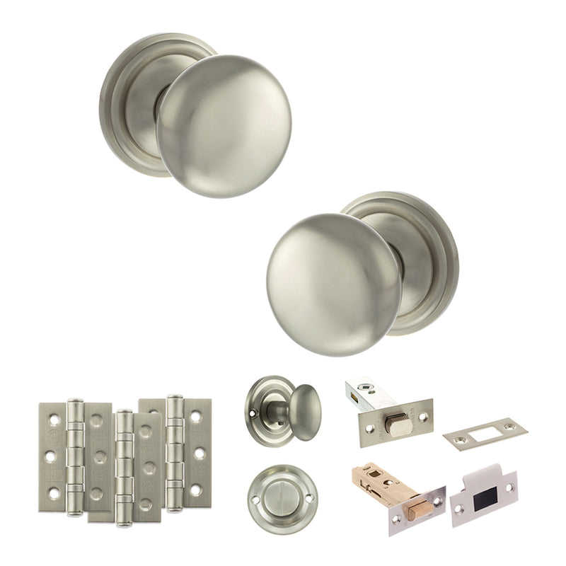 Old English Harrogate Door Knob Pack (Bathroom Set - 3" Deadbolt, 3" Fire Rated Hinges x3) - Satin Nickel