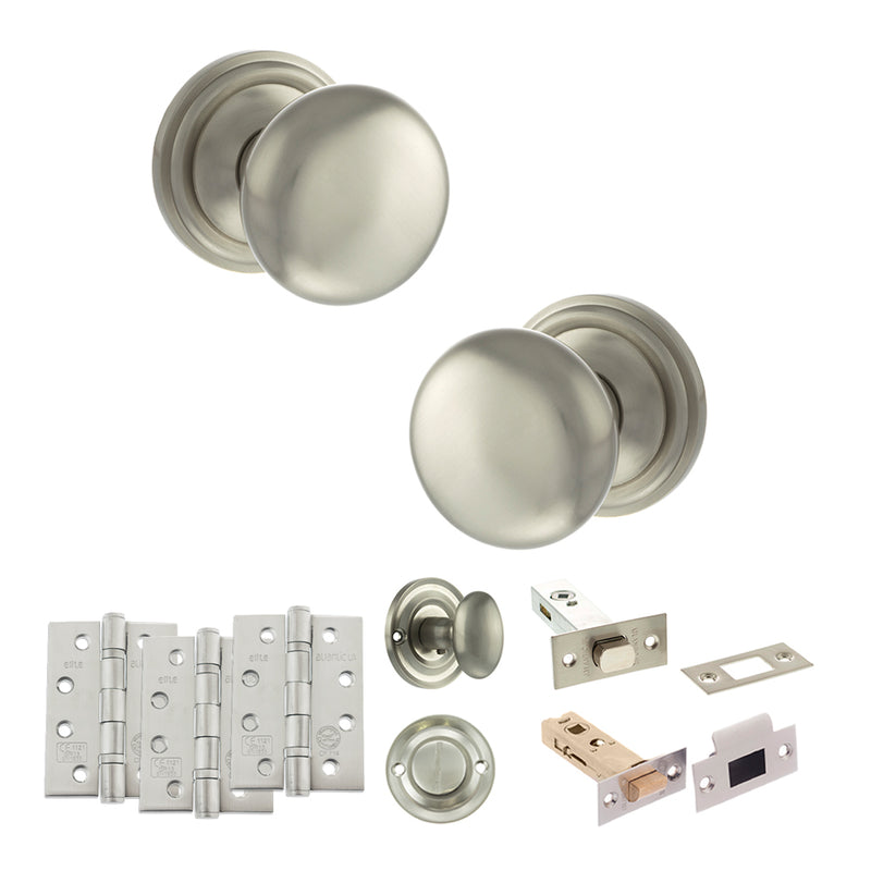 Old English Harrogate Door Knob Pack (Bathroom Set - 3" Deadbolt, 4" Fire Rated Hinges x3) - Satin Nickel