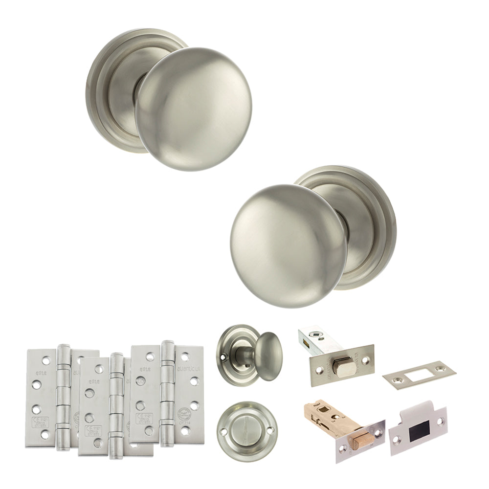 Old English Harrogate Door Knob Pack (Bathroom Set - 4" Deadbolt, 4" Fire Rated Hinges x3) - Satin Nickel