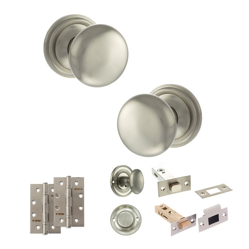 Old English Harrogate Door Knob Pack (Bathroom Set - 3" Deadbolt, 4" Slim Knuckle Hinges x2) - Satin Nickel