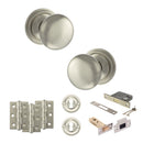 Old English Harrogate Door Knob Pack (Lock Set - 3" Latch & Deadlock, 3" Fire Rated Hinges x3) - Satin Nickel