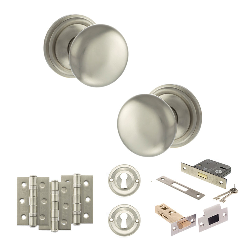 Old English Harrogate Door Knob Pack (Lock Set - 3" Latch & Deadlock, 3" Fire Rated Hinges x3) - Satin Nickel
