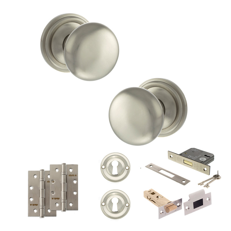 Old English Harrogate Door Knob Pack (Lock Set - 3" Latch & Deadlock, 4" Slim Knuckle Hinges x2) - Satin Nickel