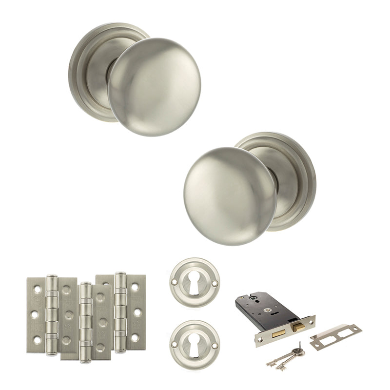 Old English Harrogate Door Knob Pack (Lock Set - Horizontal Sashlock, 3" Fire Rated Hinges x3) - Satin Nickel