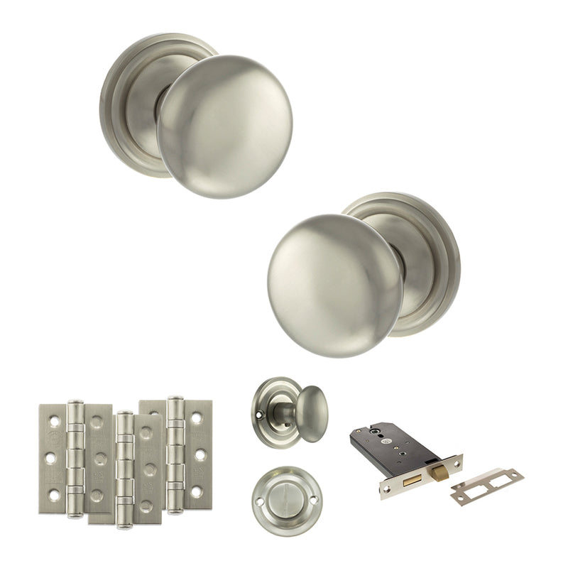 Old English Harrogate Door Knob Pack (Lock Set - Horizontal Bathlock, 3" Fire Rated Hinges x3) - Satin Nickel