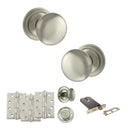 Old English Harrogate Door Knob Pack (Lock Set - Horizontal Bathlock, 4" Fire Rated Hinges x3) - Satin Nickel