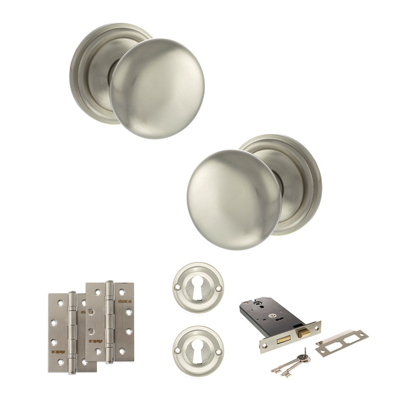 Old English Harrogate Door Knob Pack (Lock Set - Horizontal Sashlock, 4" Slim Knuckle Hinges x2) - Satin Nickel