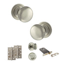 Old English Harrogate Door Knob Pack (Lock Set - Horizontal Bathlock, 4" Slim Knuckle Hinges x2) - Satin Nickel