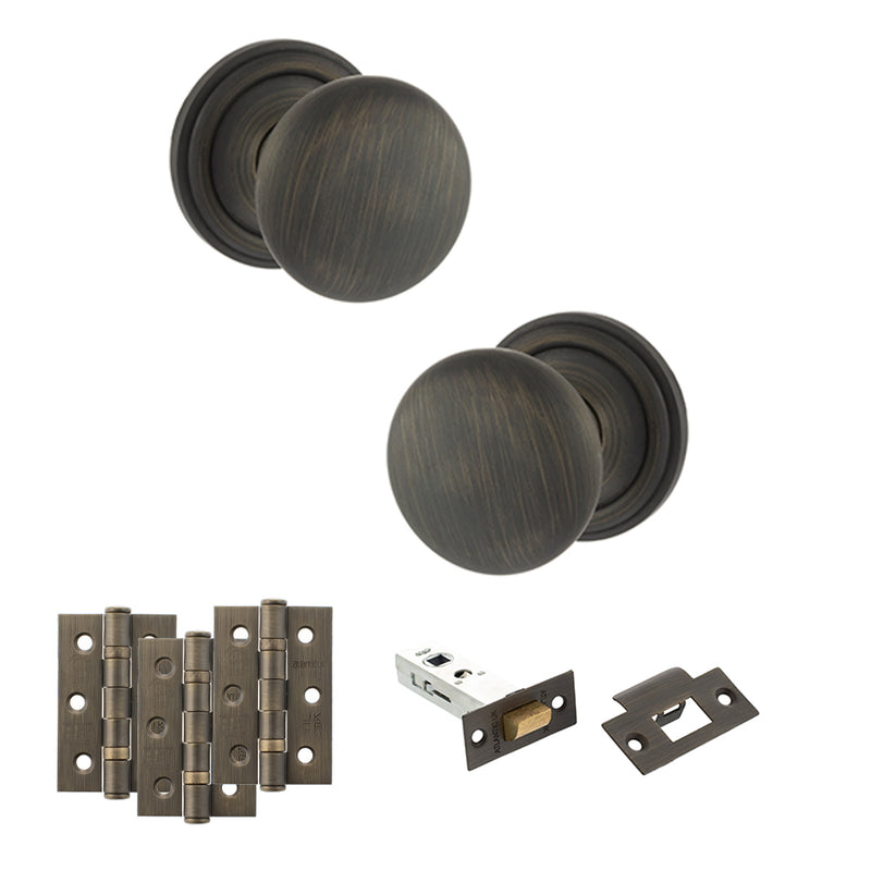 Old English Harrogate Door Knob Pack (Latch Set - 3" HD Latch, 3" Fire Rated Hinges x3) - Urban Bronze
