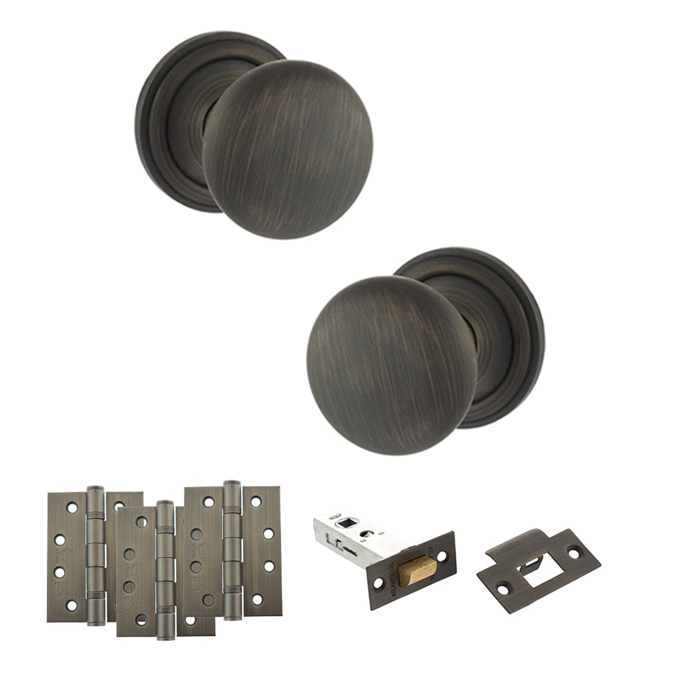 Old English Harrogate Door Knob Pack (Latch Set - 3" HD Latch, 4" Fire Rated Hinges x3) - Urban Bronze
