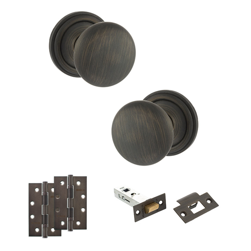 Old English Harrogate Door Knob Pack (Latch Set - 4" HD Latch, 4" Slim Knuckle Hinges x2) - Urban Bronze