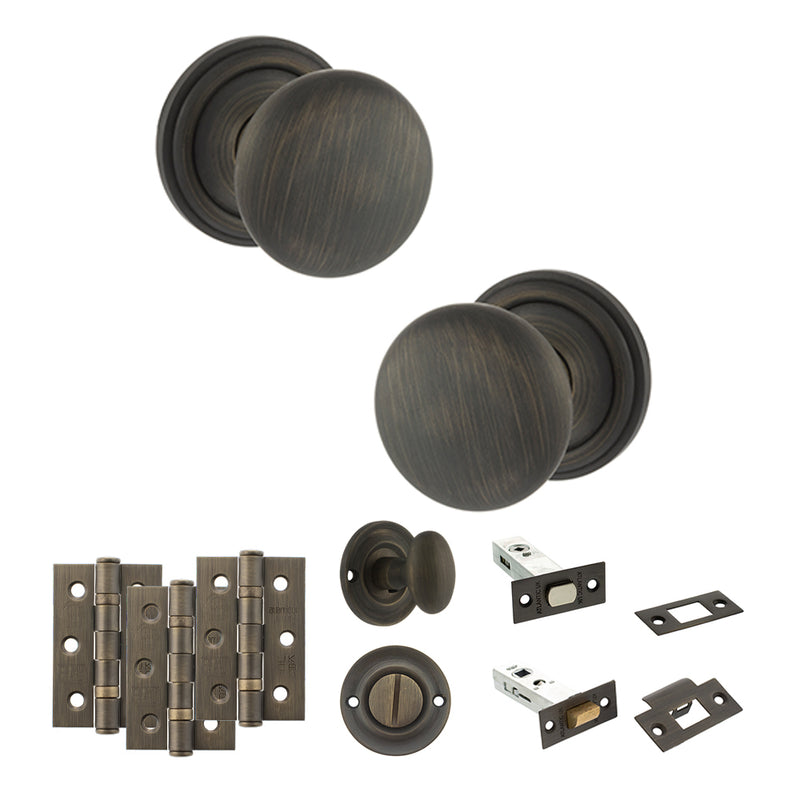 Old English Harrogate Door Knob Pack (Bathroom Set - 3" Deadbolt, 3" Fire Rated Hinges x3) - Urban Bronze
