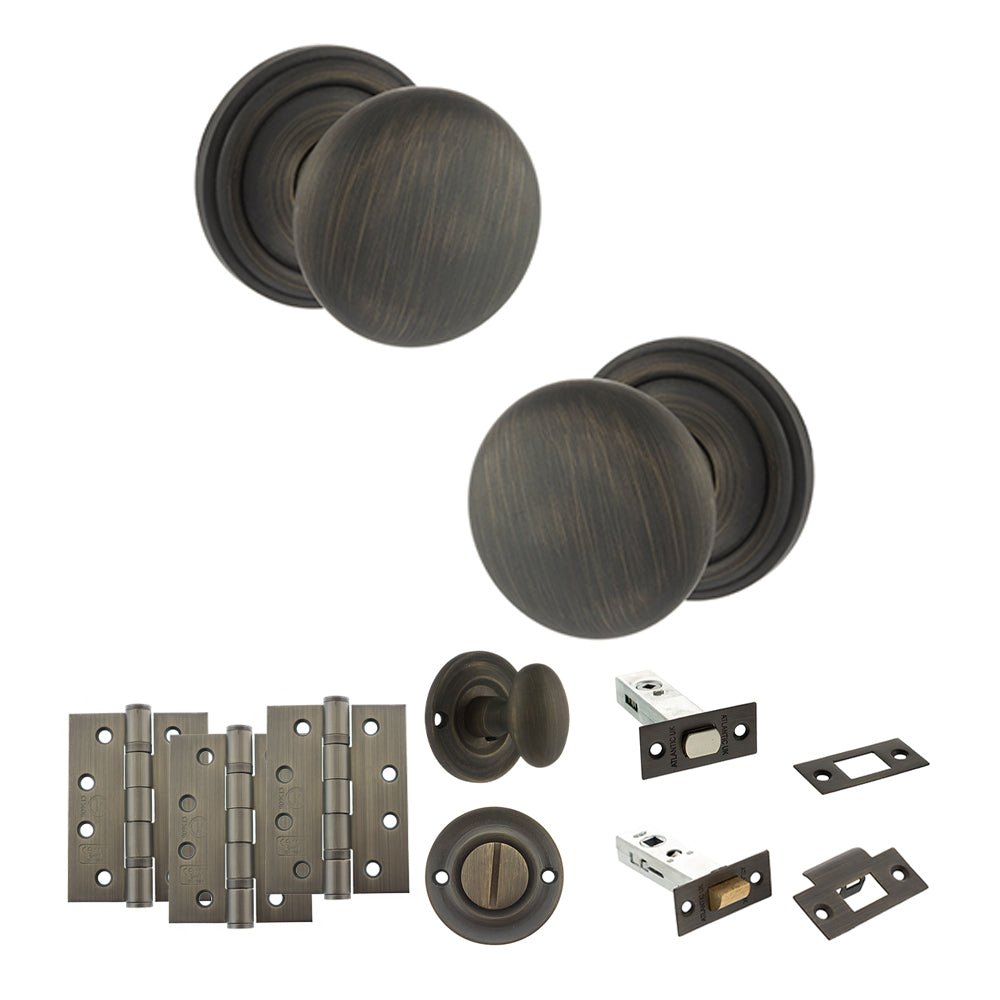 Old English Harrogate Door Knob Pack (Bathroom Set - 4" Deadbolt, 4" Fire Rated Hinges x3) - Urban Bronze