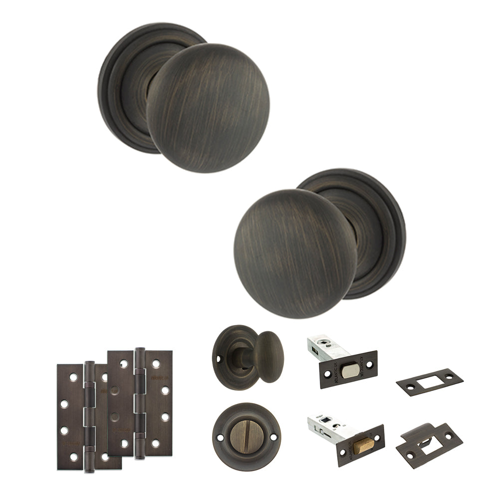 Old English Harrogate Door Knob Pack (Bathroom Set - 4" Deadbolt, 4" Slim Knuckle Hinges x2) - Urban Bronze