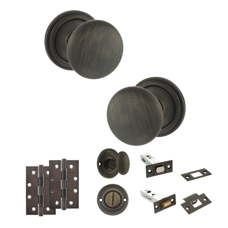 Old English Harrogate Door Knob Pack (Bathroom Set - 4" Deadbolt, 4" Slim Knuckle Hinges x2) - Urban Bronze