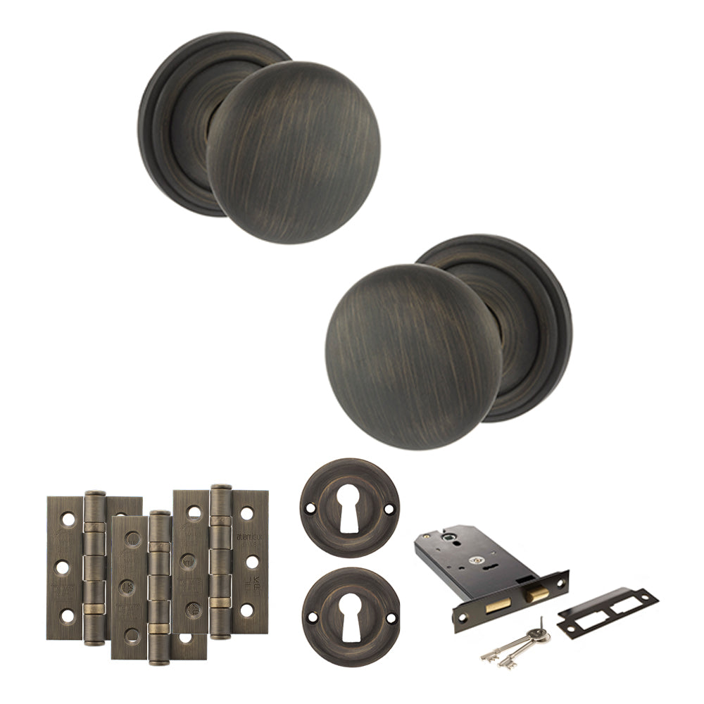 Old English Harrogate Door Knob Pack (Lock Set - Horizontal Sashlock, 3" Fire Rated Hinges x3) - Urban Bronze