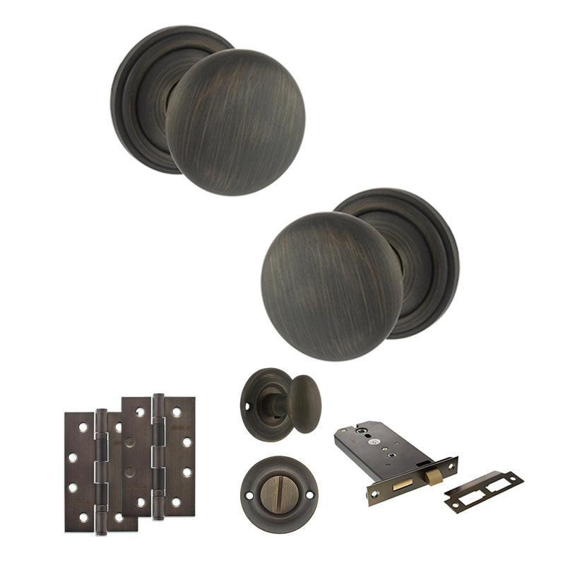 Old English Harrogate Door Knob Pack (Lock Set - Horizontal Bathlock, 4" Slim Knuckle Hinges x2) - Urban Bronze