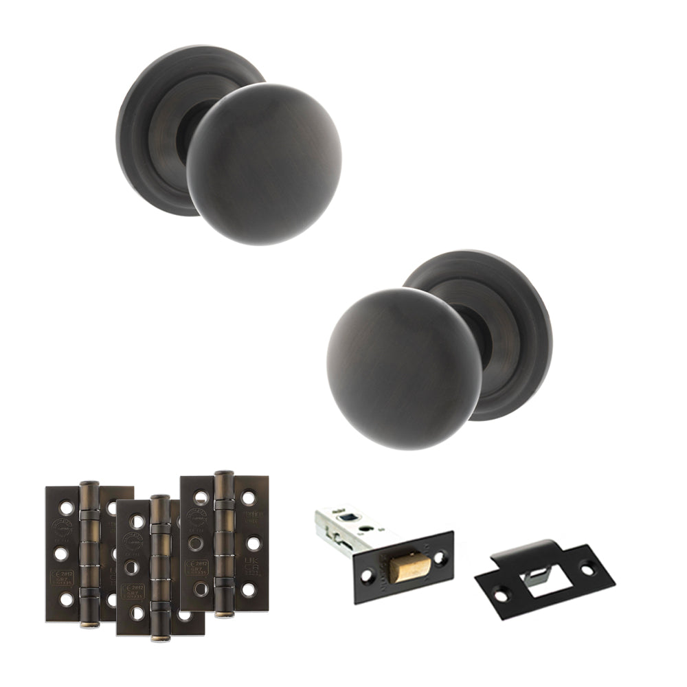 Old English Harrogate Door Knob Pack (Latch Set - 3" HD Latch, 3" Fire Rated Hinges x3) - Urban Dark Bronze