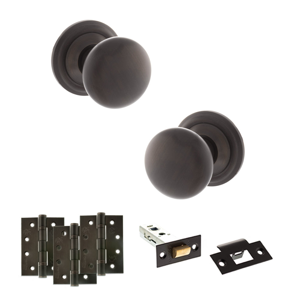 Old English Harrogate Door Knob Pack (Latch Set - 4" HD Latch, 4" Fire Rated Hinges x3) - Urban Dark Bronze