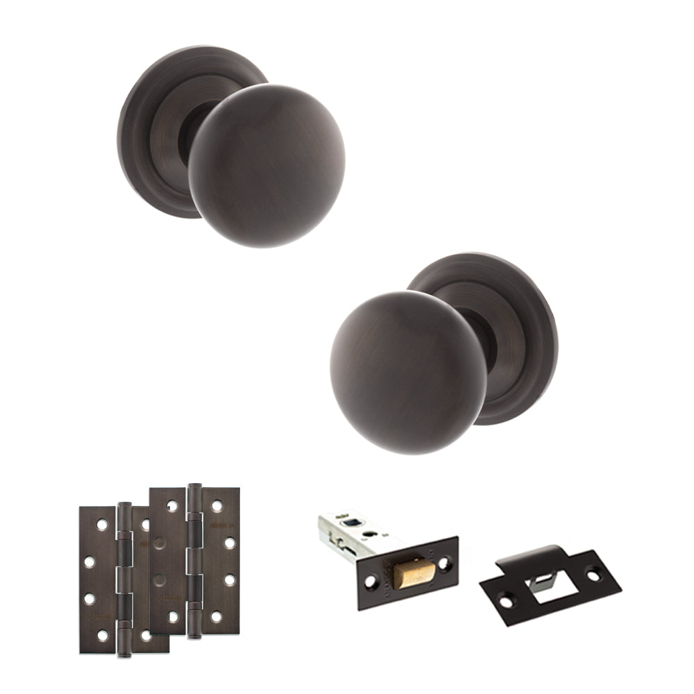 Old English Harrogate Door Knob Pack (Latch Set - 3" HD Latch, 4" Slim Knuckle Hinges x2) - Urban Dark Bronze