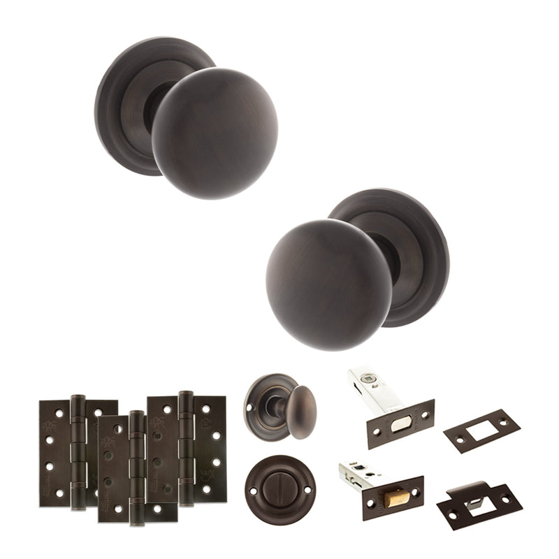 Old English Harrogate Door Knob Pack (Bathroom Set - 4" Deadbolt, 4" Fire Rated Hinges x3) - Urban Dark Bronze