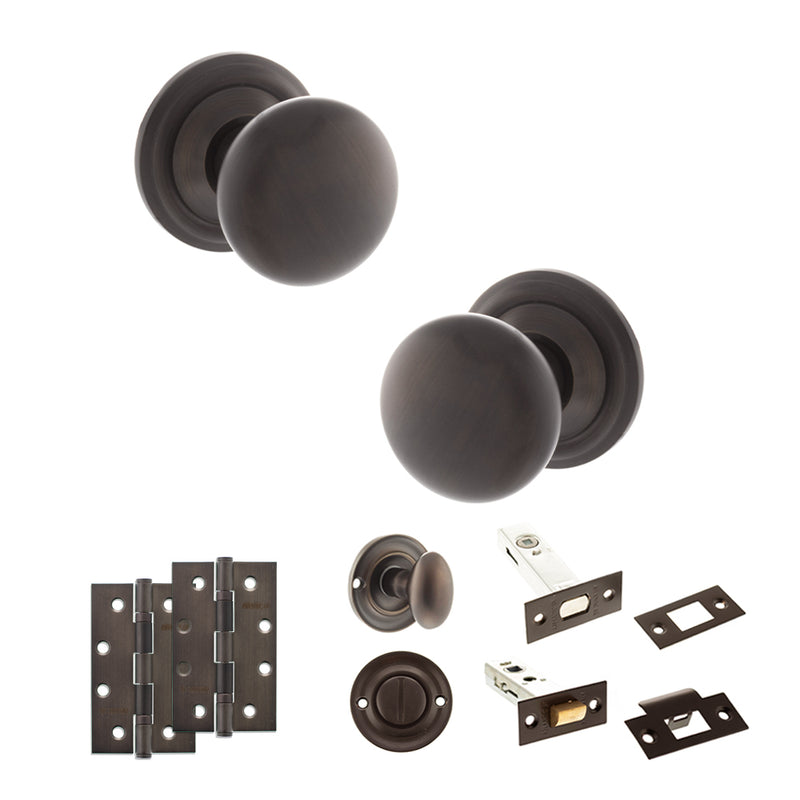 Old English Harrogate Door Knob Pack (Bathroom Set - 4" Deadbolt, 4" Slim Knuckle Hinges x2) - Urban Dark Bronze