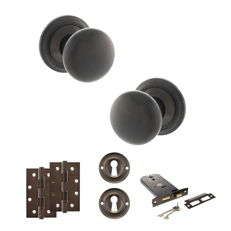 Old English Harrogate Door Knob Pack (Lock Set - Horizontal Sashlock, 4" Slim Knuckle Hinges x2) - Urban Dark Bronze