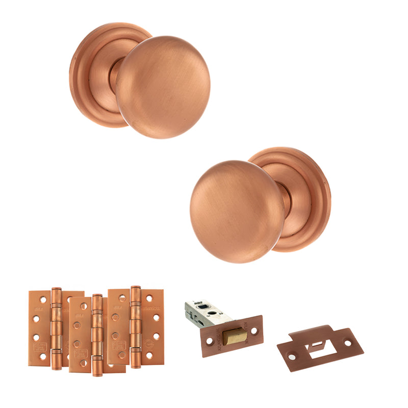 Old English Harrogate Door Knob Pack (Latch Set - 4" HD Latch, 4" Fire Rated Hinges x3) - Urban Satin Copper