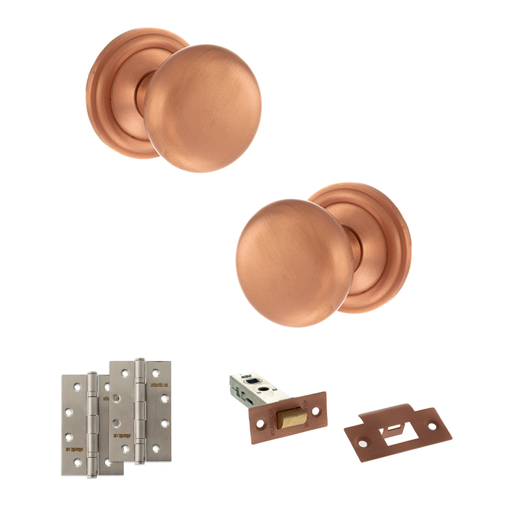 Old English Harrogate Door Knob Pack (Latch Set - 3" HD Latch, 4" Slim Knuckle Hinges x2) - Urban Satin Copper