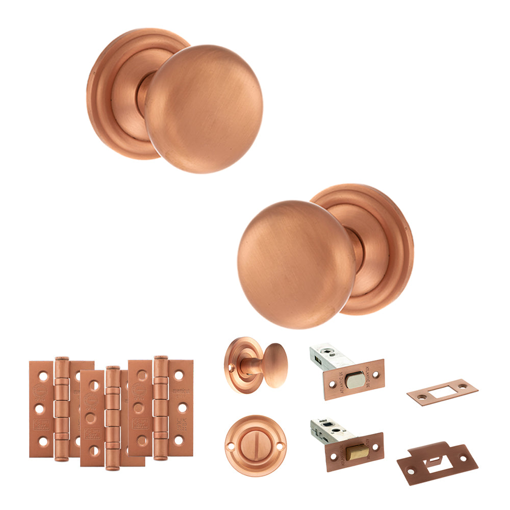 Old English Harrogate Door Knob Pack (Bathroom Set - 4" Deadbolt, 3" Fire Rated Hinges x3) - Urban Satin Copper