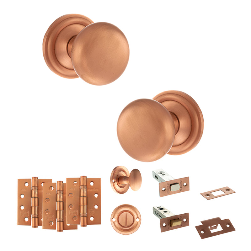 Old English Harrogate Door Knob Pack (Bathroom Set - 4" Deadbolt, 4" Fire Rated Hinges x3) - Urban Satin Copper