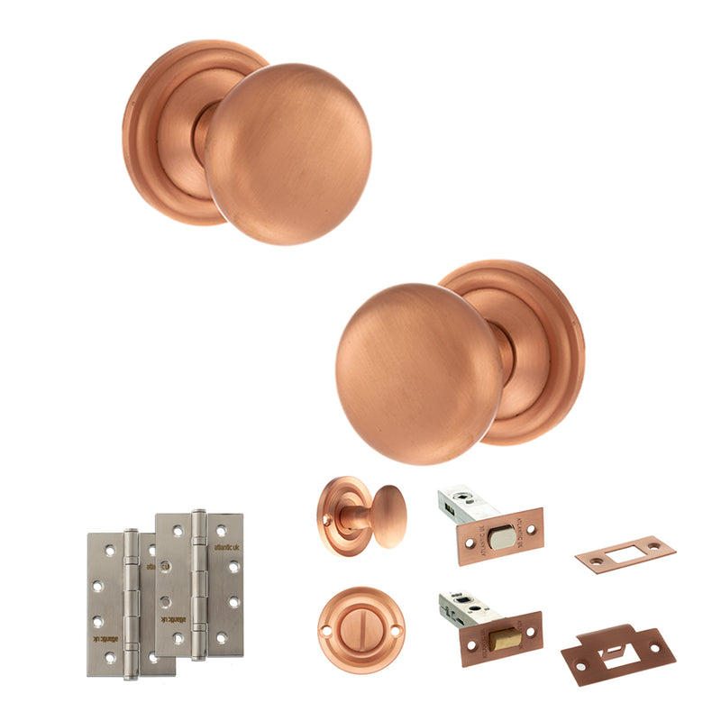 Old English Harrogate Door Knob Pack (Bathroom Set - 3" Deadbolt, 4" Slim Knuckle Hinges x2) - Urban Satin Copper
